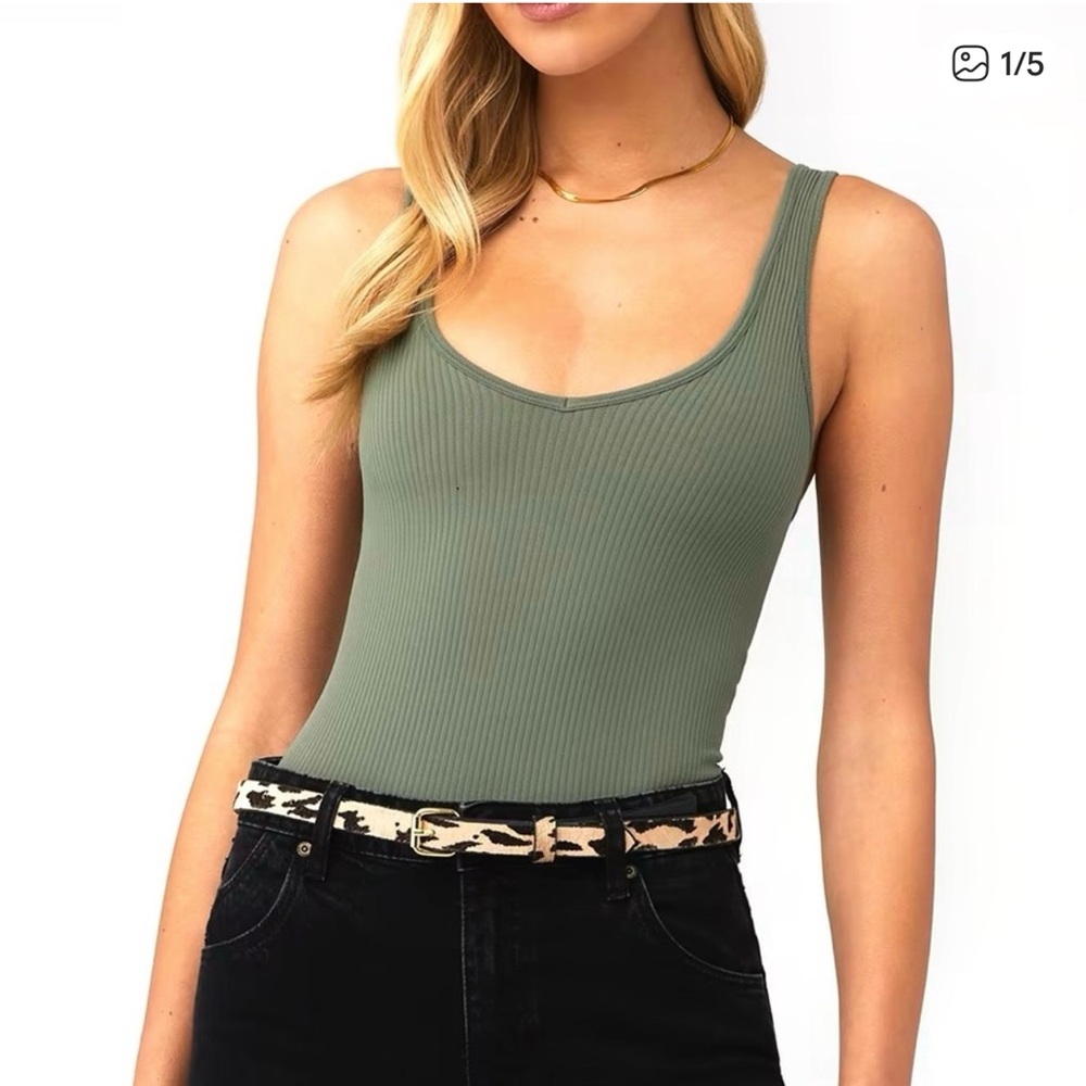 Free People Olive Ribbed Scoop Neck Bodysuit